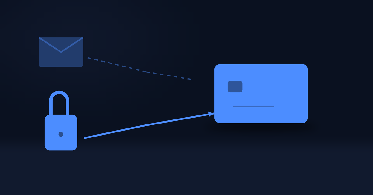 One gift card reached by two paths, an upper dotted one from an envelope that stops short in mid-air and a lower solid one from a closed padlock that arrives with an arrowhead