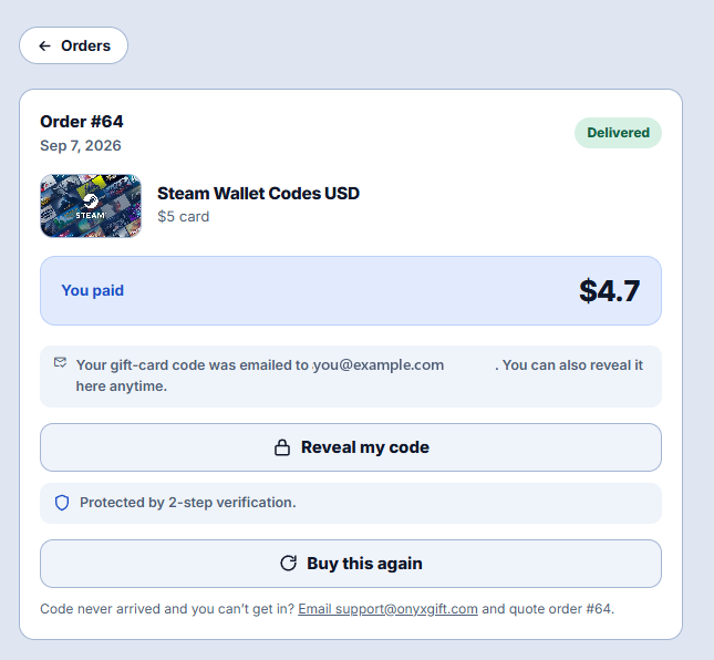 An order page showing a green Delivered badge, the product and denomination, what was paid, and a Reveal my code button above a note reading Protected by 2-step verification