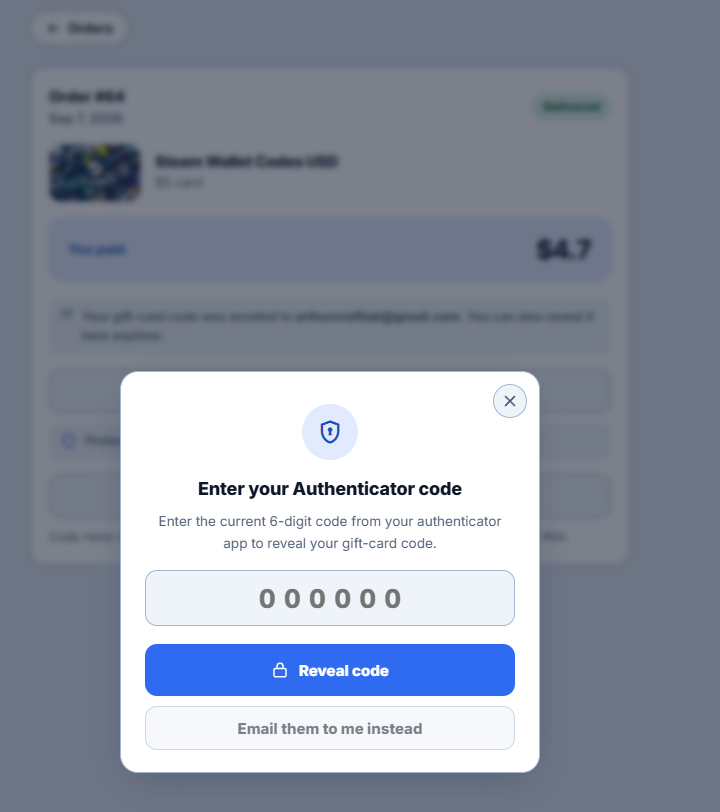 A dialog headed Enter your Authenticator code, with a six-digit entry box, a Reveal code button, and a second button reading Email them to me instead