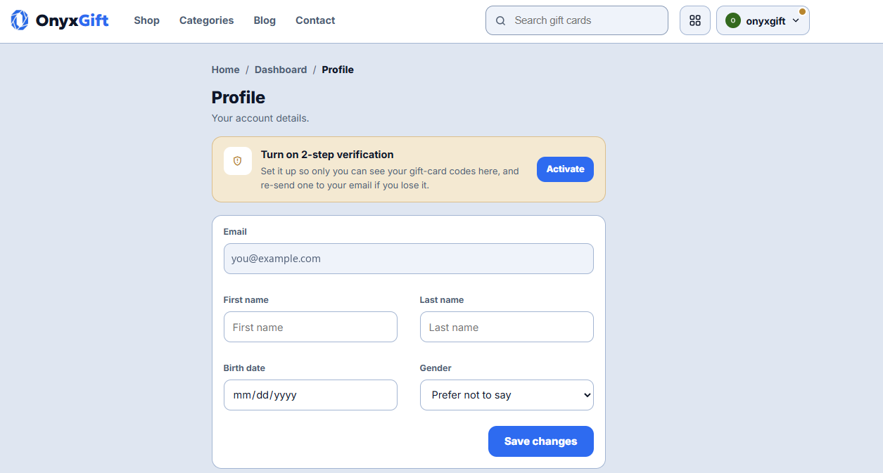 The Profile page with an amber banner across the top reading Turn on 2-step verification, and an Activate button on its right