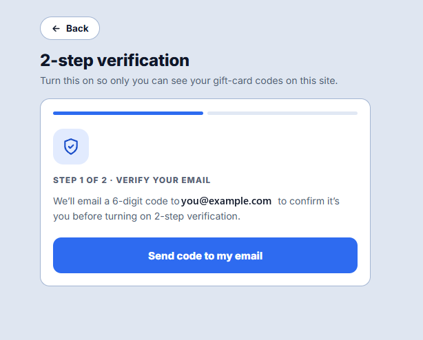 Step 1 of 2, verify your email, with a single button reading Send code to my email