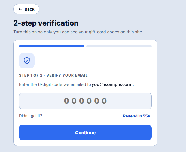 The same step now showing a six-digit entry box, a Resend in 55s countdown, and a Continue button