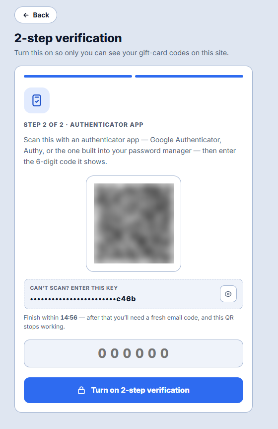 Step 2 of 2, authenticator app, with a QR code deliberately blurred here, a masked text key beneath it, a countdown reading Finish within 14:56, and a six-digit entry box