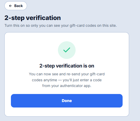 A green tick above the heading 2-step verification is on, and a Done button